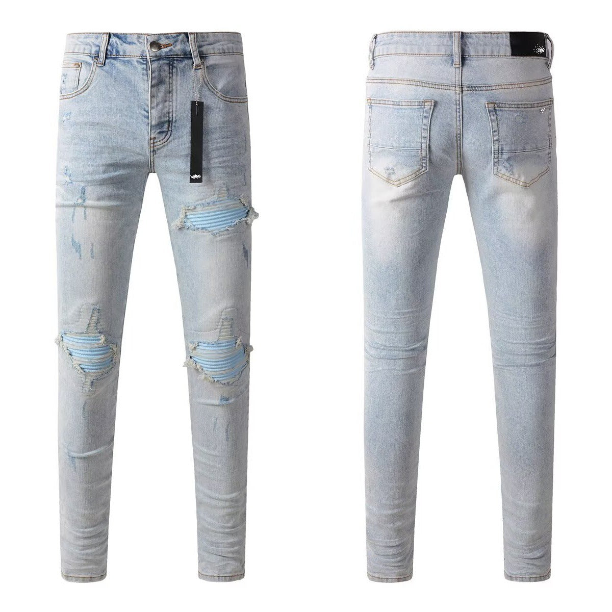 purple ripped patch jeans