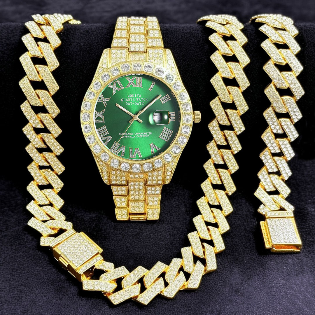 Diamond Chain, Watch, and Bracelet Set