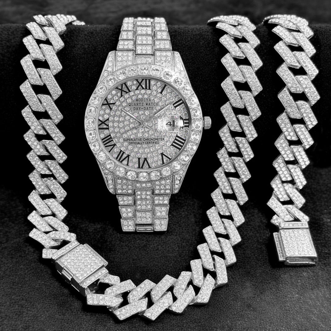 Diamond Chain, Watch, and Bracelet Set