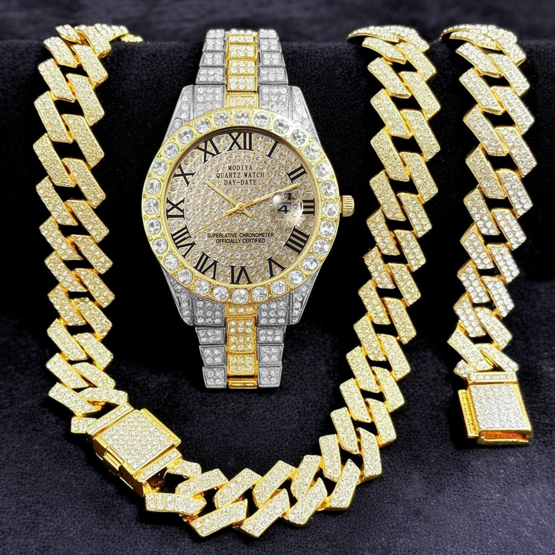 Diamond Chain, Watch, and Bracelet Set