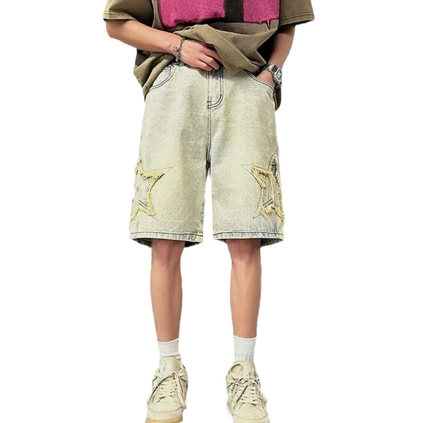 Mens Washed Denim Five-Point Shorts