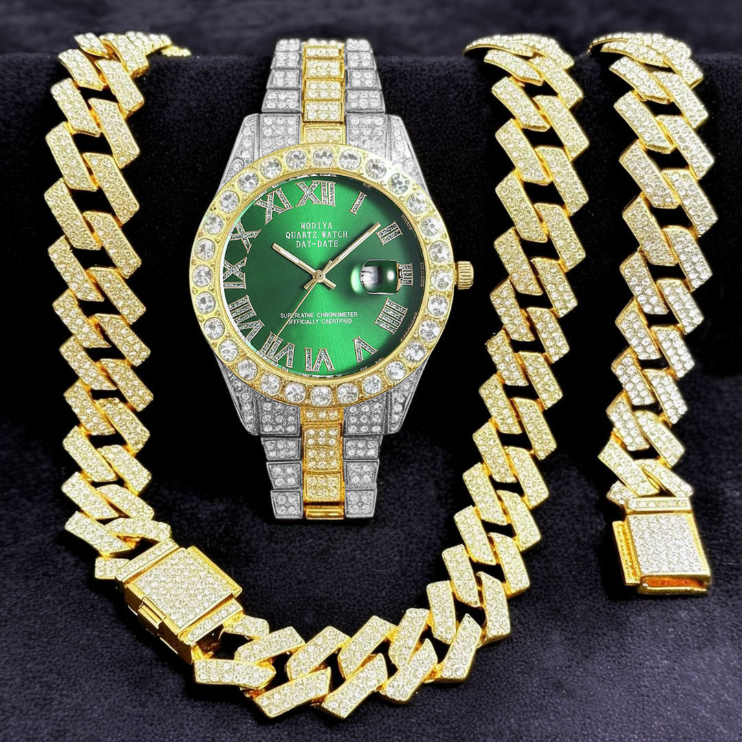 Diamond Chain, Watch, and Bracelet Set