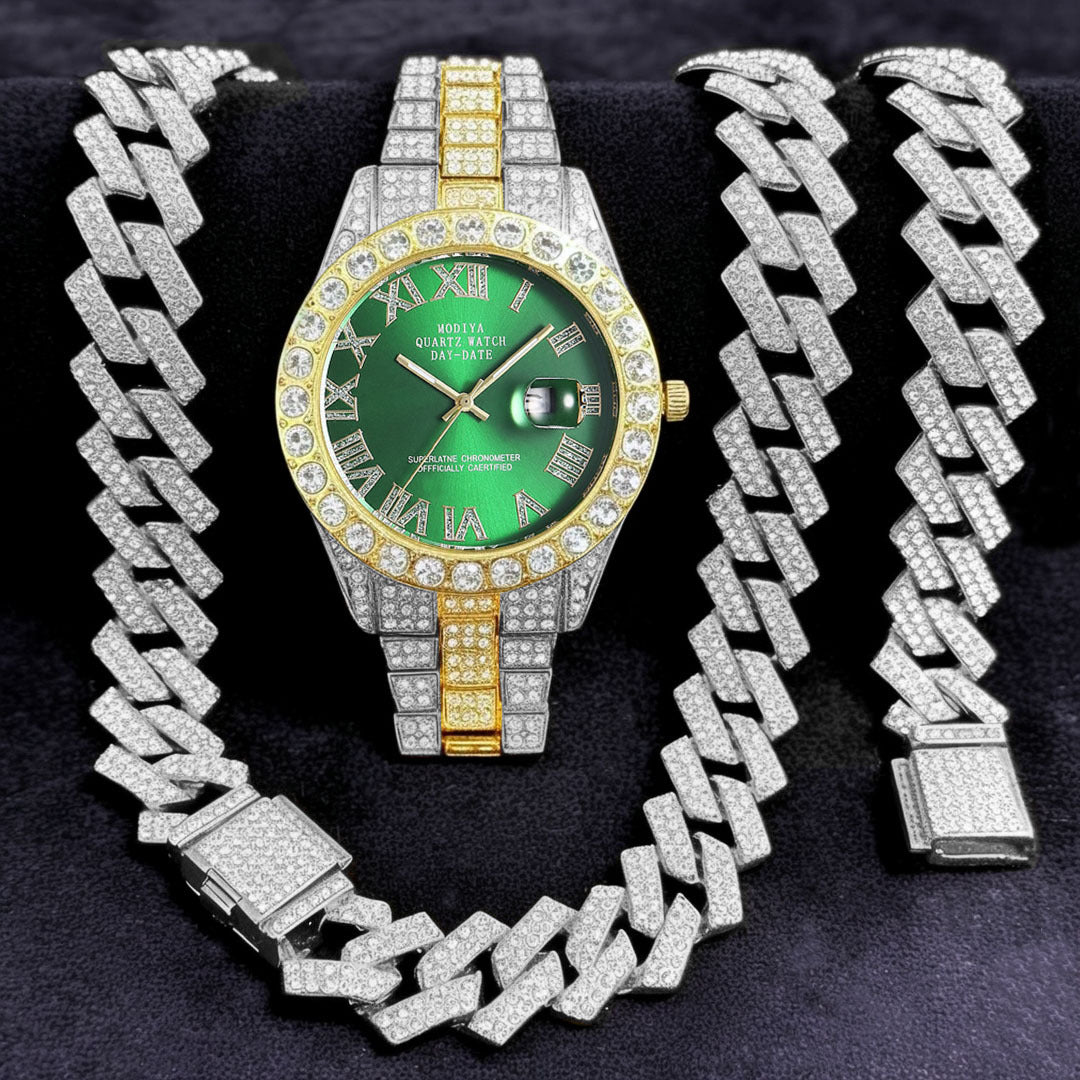 Diamond Chain, Watch, and Bracelet Set
