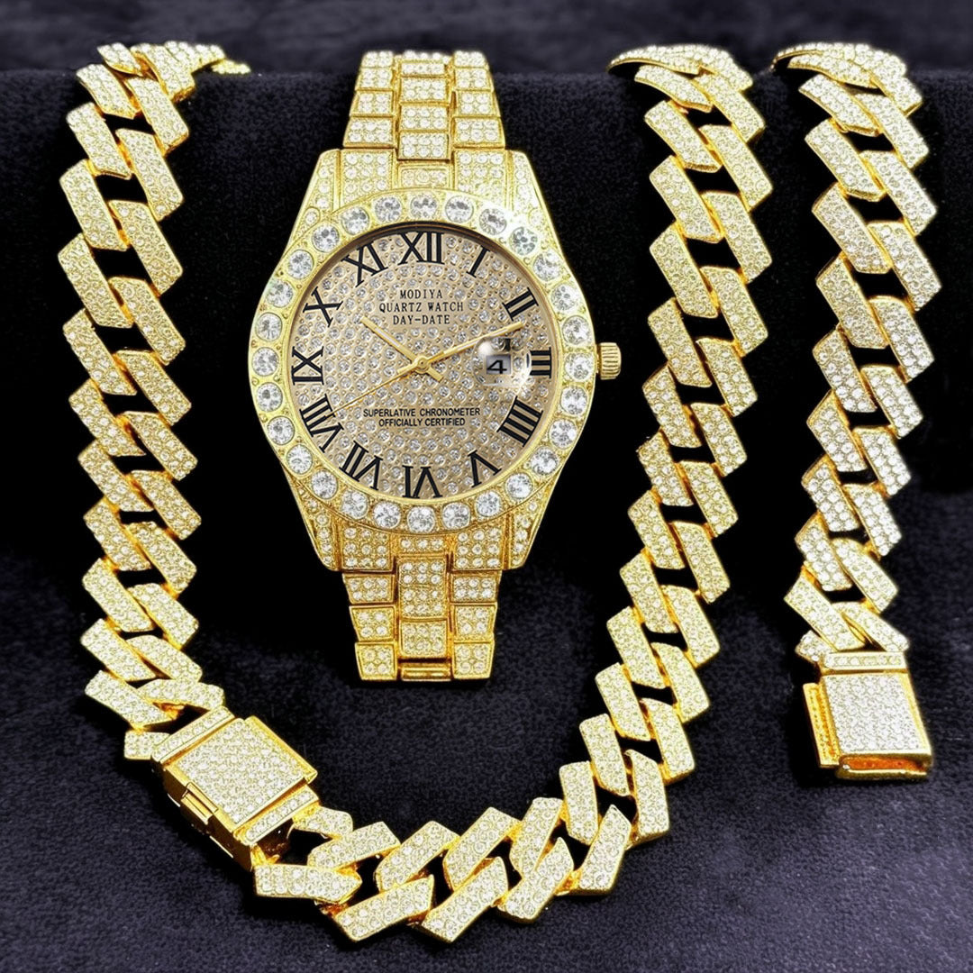 Diamond Chain, Watch, and Bracelet Set