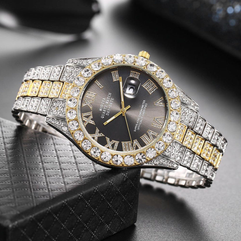 Men's Diamond Roman Numerals Steel Band Watch