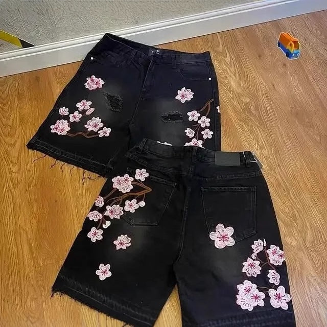 Vintage Cherry Blossom Embroidered Denim Shorts for Men