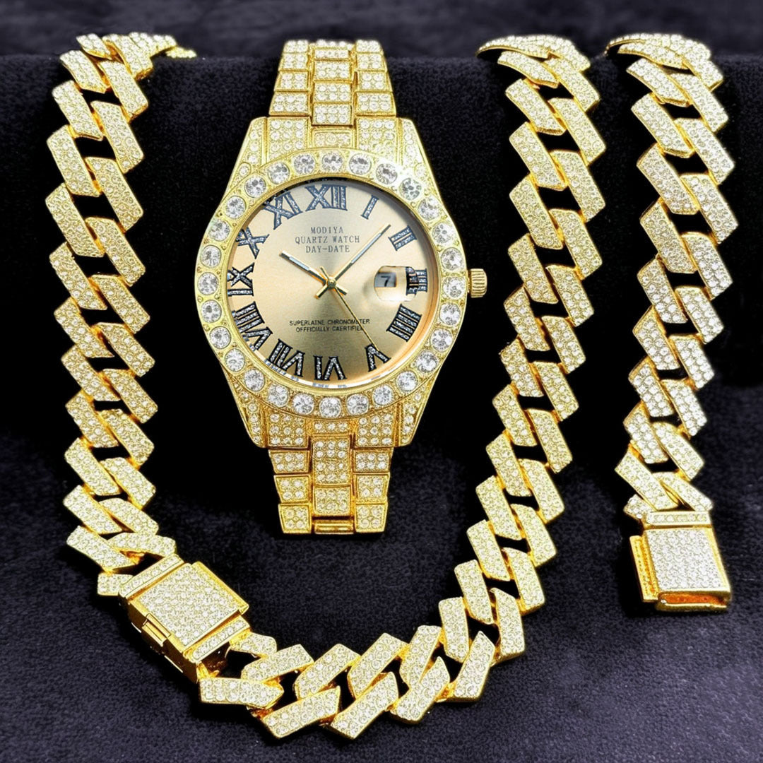 Diamond Chain, Watch, and Bracelet Set
