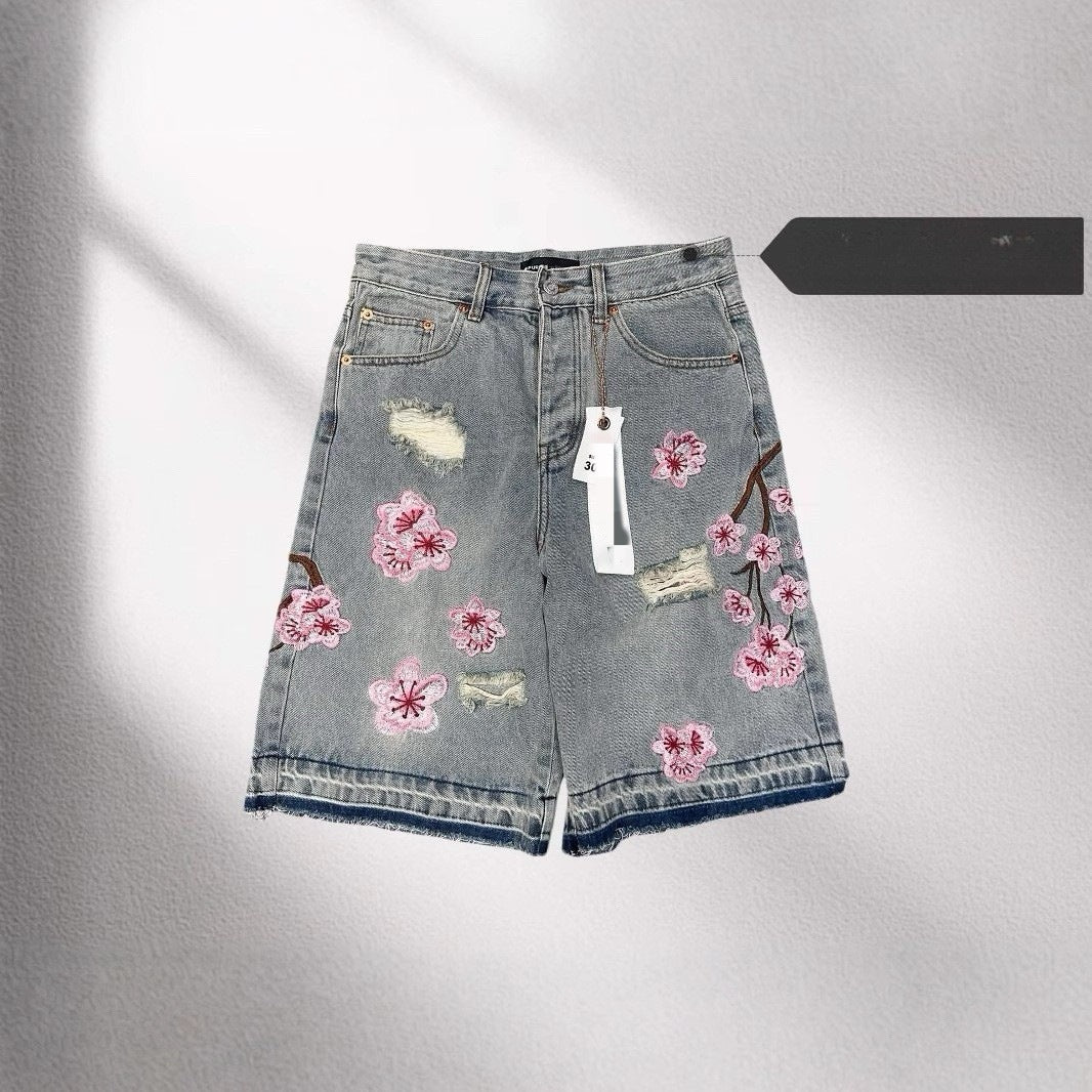 Vintage Cherry Blossom Embroidered Denim Shorts for Men