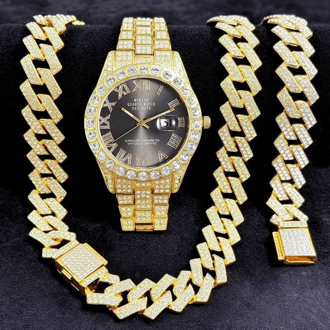 Diamond Chain, Watch, and Bracelet Set