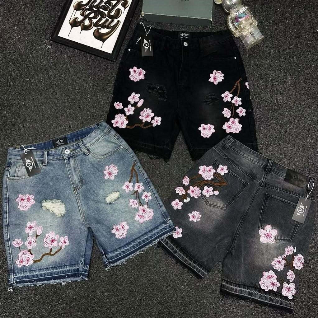 Vintage Cherry Blossom Embroidered Denim Shorts for Men